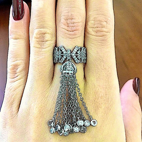 WHITE GOLD PLATED TASSEL STATEMENT RING CROWN - Picture 2 of 16